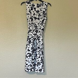 Chaps Size 14 Navy and White Floral Sleeveless Midi Dress w/ Sash Tie Waist